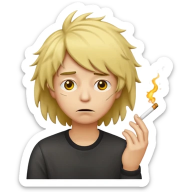 stressed classic yellow emoji looking down shaking head wearing a disheveled wig with a cigarette in hand sticker