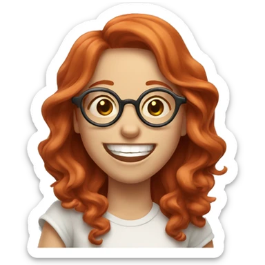 Pale, Long Wavy haired red head, girl with circular glasses glasses laughing and pointing sticker