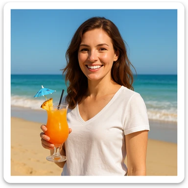 take this picture of a woman and make it  beach photo with drink sticker