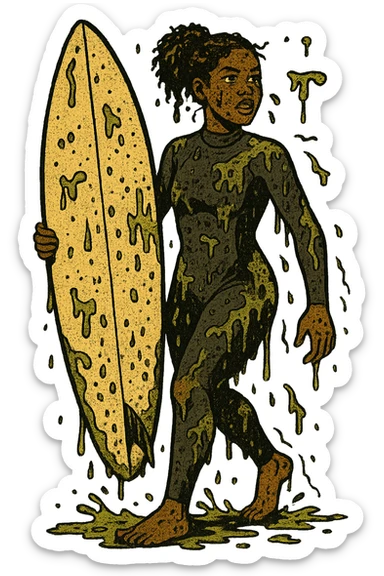 The full body of a modern day black surfer girl in her twenties carrying an upright surfboard and wearing a wetsuit.  The girl is covered in sewage and pollution from the sea. sticker