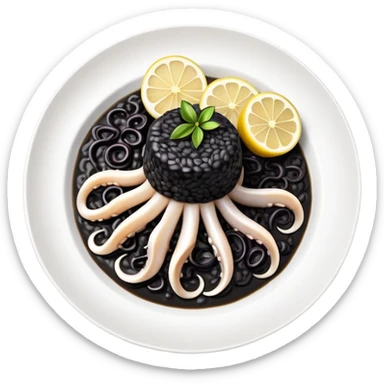 cinematic-realistic-black-risotto-dish,-showcasing-lagre squid pieces-rendered-with-bold-textures-and-dynamic,-dramatic-lighting in a white plate with a single slice of grilled lemon on top sticker
