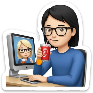 Hombre blanco con gafas, pelo negro tomando un refresco frente a un ordenador con ropa de sport, en la pantalla del ordenador una mujer rubia tomando café sticker