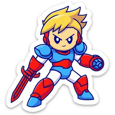 Megaman Zero robot with red armor, blonde hair, and Z-saber sword sticker