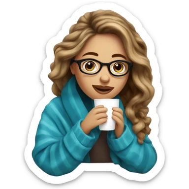 Balayage hair Girl drinking coffee, with a cozy blanket wearing glasses with blue eyes  sticker