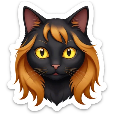 Long-haired black cat with yellow eyes with a ginger girl sticker