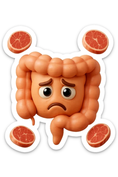 emoji stile iphone in 3d di un intestino triste con fette di carne che gli fluttuano intorno, gli occhi falli con la parte bianca pure, iperrealistico 4k sticker