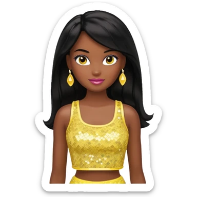 Christie from Barbie & Friends with brown eyes, long black hair, yellow sequin crop top, dark skin sticker