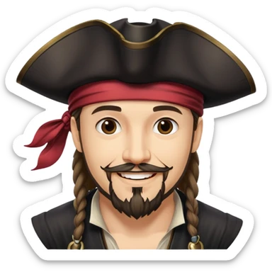 "- Nam
- 35 tuổi
- Da trắng
- Râu quai nón
-  Cướp biển caribe
- Cười mỉm, đội mũ cướp biển màu đen sticker