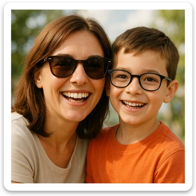 A happy woman with brown hair and a child boy, both wearing Ray-Ban glasses sticker