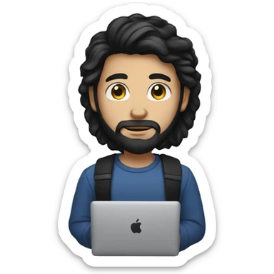 white young man with black beard an long hair and a macbook in her hand sticker