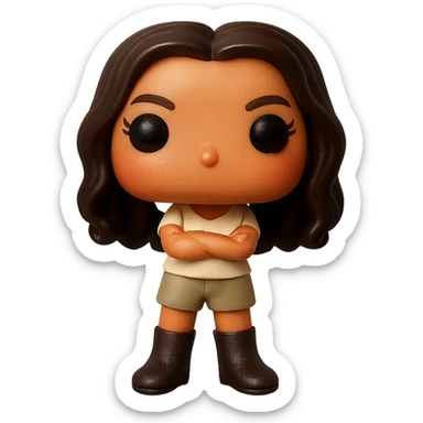 Enhance the quality of the image with smooth golden peach skin and a healthy glow, dark hair with subtle auburn highlights, dark greige leather boots, textured clothing (cream top, greige bottom), arms crossed, rosy cheekbones, very subtle freckles, no neck visible, eyebrows with a mischievous and playful expression, no mouth, transparent background. Maintain the original style and details from the reference image. sticker