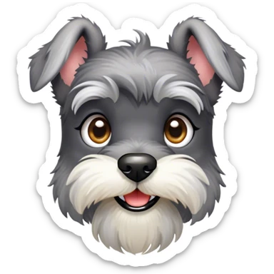 Cinematic Cute Miniature Schnauzer Portrait Emoji, Head cheerfully cocked with expressive, twinkling eyes and a neatly trimmed, adorable salt-and-pepper fur, simplified yet endearingly detailed, glowing with a bright, friendly radiance, high shine, exuding smart and spunky charm, styled with a delicate, whimsical outline, capturing the essence of a cute Miniature Schnauzer that appears ready to scamper off the screen with delightful energy! sticker