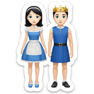 King, black hair, body, legst, blue eyes, blue garmont,  shoes, blonde maid, green eyes, sexy short sleveless White dress, shoes sticker