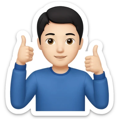 3D avatar of a Korean male frontend developer,
clean 5:5 middle part black hair,
no glasses,
close-up face portrait,
only head and one hand visible,
one hand making thumbs up gesture,
soft and friendly expression,
minimal style
 sticker