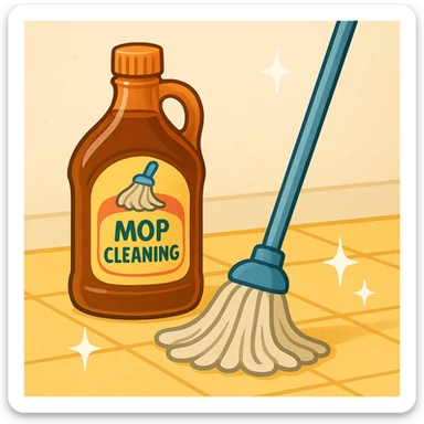 A bottle of syrup labeled 'mop cleaning', with a mop and sparkling clean floor, in a clear, friendly style sticker