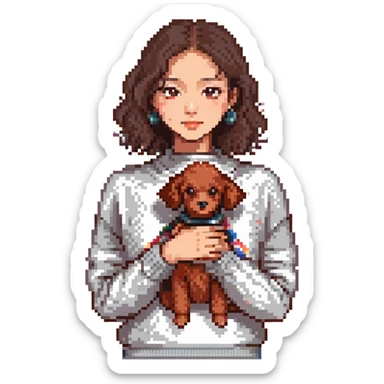average sized Asian woman with dark brown eyes and hair, wearing a knit jumper, holding a small red poodle sticker