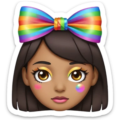 emoji face with dark hair with bad thick eyeliner and rainbow bow on head sticker