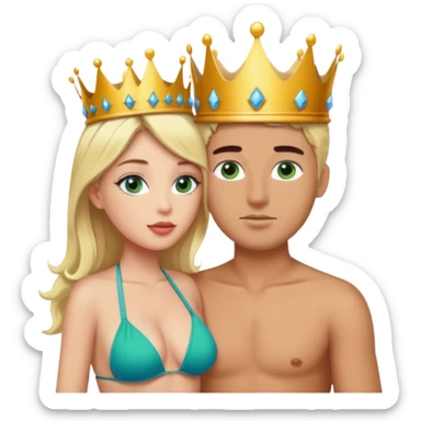Blonde Queen Green eyes with crown in Bikini kissing Male subject without crown dark Hair blue eyes sticker