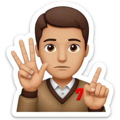man frowning holding up numbers 6 and 7 sticker