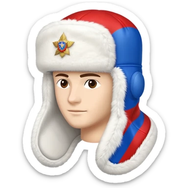 Traditional Russian ushanka hat with Russian flag colors white blue and red, winter fur hat with ear flaps sticker