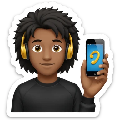 Faça um garoto adolescente de cabelo cacheado preto médio sorrindo, com fones de ouvido Bluetooth e um moletom branco sticker