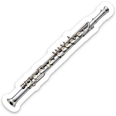 Create an elegant and refined emoji representing a classical silver flute. The design should showcase the sleek, polished silver body of the flute with its keywork and tone holes clearly visible. Highlight the smooth, straight shape of the instrument with subtle light reflections on its metal surface. The keys should be delicately detailed, with their small, round pads visible. Add a slight shine to the flute’s surface to reflect its high-quality craftsmanship. Optionally, include subtle musical notes floating around the flute to evoke its light, melodic sound. The background should be transparent. sticker