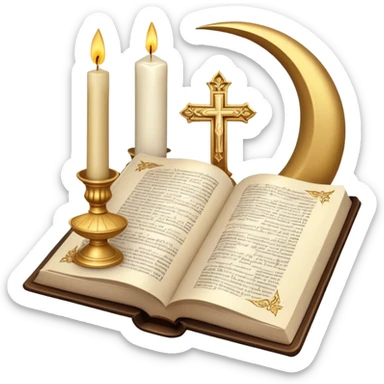 An icon featuring a holy book, a candle, and a cross, symbolizing religious studies. The design includes a globe with various religious symbols: a crescent moon and star (Islam), a lotus flower (Buddhism), representing global belief systems. Transparent background. sticker