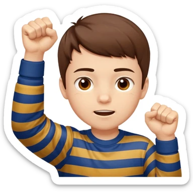 A boy with stripes across his cheeks, raising his fists in excitement. sticker