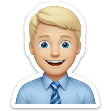 A guy with blonde hair and blue eyes that looks masculine. make him wear a shirt with a tie. he is danish. He is laughing extremely hard sticker