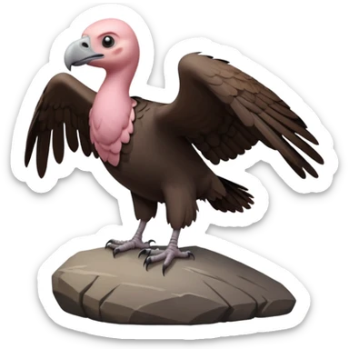 a vulture — large bird with dark brown feathers, bald pinkish head, curved beak and sharp eyes — standing proudly on a rock — wings slightly open — realistic yet cute cartoon emoji look, clean lighting, soft shadows. sticker