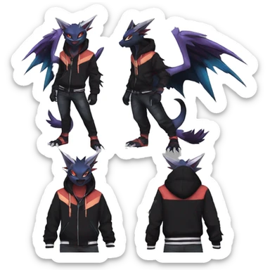 Cool Anthro Black Noivern-Absol-Litten-Pokémon with edgy stripes hoodie spiked collar punk Full Body sticker