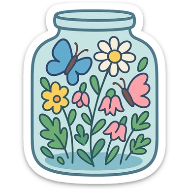 glass jar filled with forest flowers and butterflies, pastel-toon style sticker