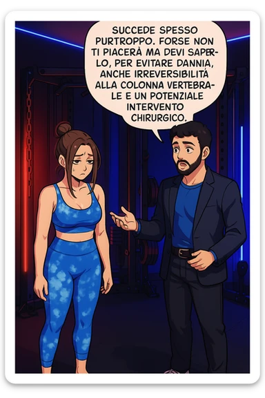 fai questa immagine in versione fumetto/manga/webtoon a colori, il manga mostra l'uomo che risponde alla donne:
Succede spesso purtroppo. 
Forse non ti piacerà ma devi saperlo, per evitare danni, anche irreversibili, alla colonna vertebrale e un potenziale intervento chirurgico. sticker