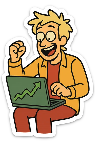 laptop showing green upward stock chart, flat modern style, bright saturated colors greens golds reds, minimal but expressive, universal look sticker