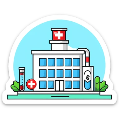 Modern medical clinic building with red cross symbol, test tubes, and heart icon sticker