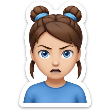 Girl with blue eyes, brown hair in a single bun, angry sticker