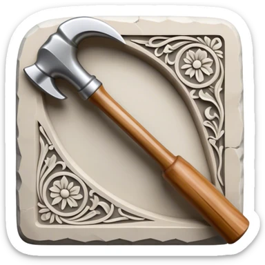 Carving icon, stone, bone, and horn being carved with chisels, fine detailed patterns visible, carving tools like hammer and chisel, minimalistic style, clean lines, transparent background. sticker
