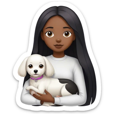 Black long straight girl holding a white dog and a black and white dog sticker