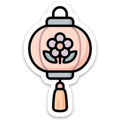 beautiful Chinese lantern with floral ornament, thin clean outlines, soft rounded shapes, pastel palette #98B5BC, #B5B3C1, #C9A3C9, #E4C0CA, #F7DCD1, #F7C0AA, detailed shadows and highlights, soft lighting, transparent background, oriental style sticker