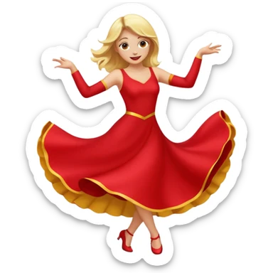 a yellow-blonde woman dancing wearing a red dress, in flat emoji / Apple style, smooth shapes, glossy highlights, bright saturated colors, simple features, minimal details, no outlines, red clothes flowing, joyful pose
 sticker