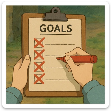 clipboard with list, all goals missed sticker