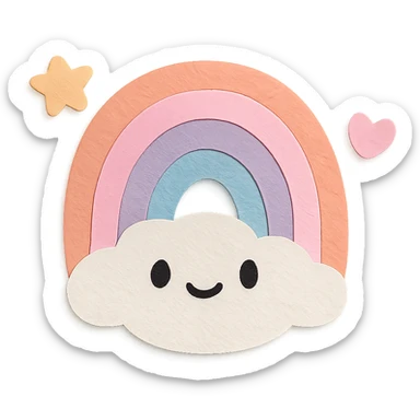 kawaii tiny rainbow with floating star and heart around, no arms, no legs, transparent background, full body, soft pastel kawaii paper craft style sticker