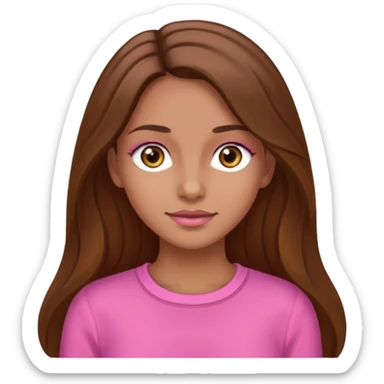 Tan skinned woman with long brown hair, hazel colored eyes, and wearing a pink outfit. sticker