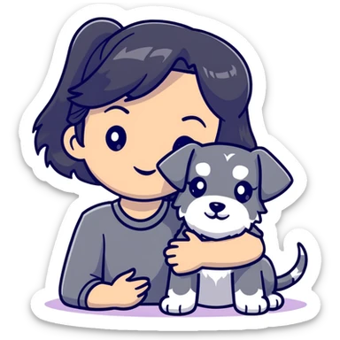 girl with long black hair holding a Schnauzer dog sticker