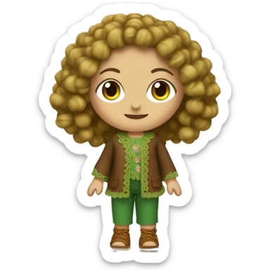 girl with blonde curly hair wearing green and brown hippie crochet outfit and brown shoes sticker