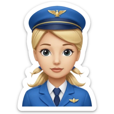 Create an emoji of a female flight attendant with blonde hair tied up, wearing a blue flight attendant hat and a blue flight attendant uniform. sticker