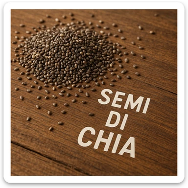 photo realistic chia seeds scattered on a wooden table with the text 'semi di chia' in Italian sticker