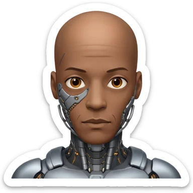 bald black man, vertical half of his face fully covered in cyborg augmentations sticker