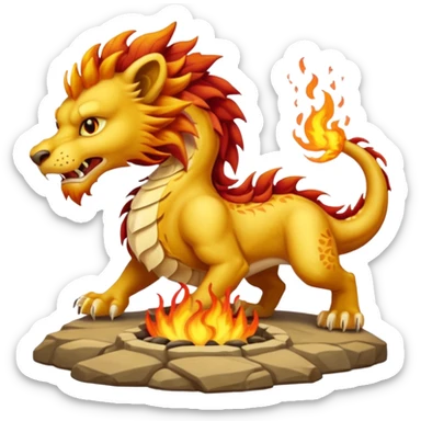 un dragon affrontant un lion, le lion souffle des flammes sur un loup, ambiance épique sticker