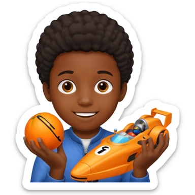 black kid playing orange formula 1 toy sticker